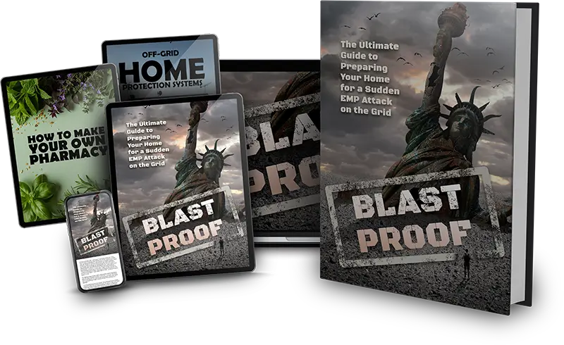 BlastProof: David's Shield EMP preparedness guide shown as a printed book with digital bonus guides