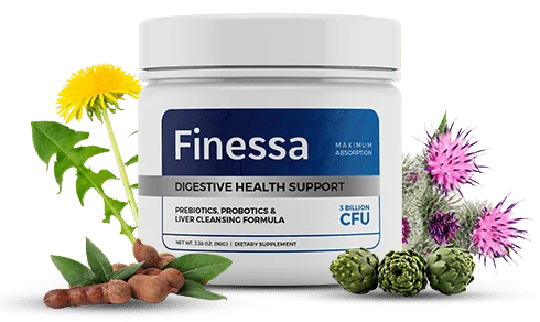 Finessa digestive health supplement container with botanical ingredients