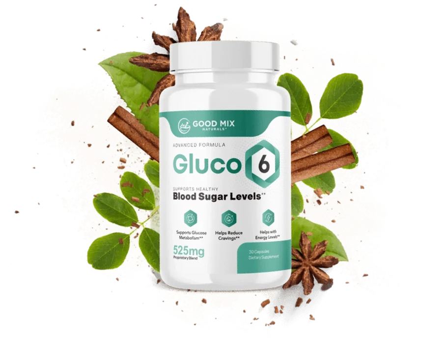 Gluco6 blood sugar support supplement bottle surrounded by cinnamon sticks and leaves