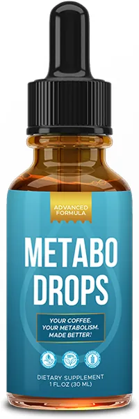 Metabo Drops dropper bottle, a 1 fl oz liquid metabolism supplement added to coffee