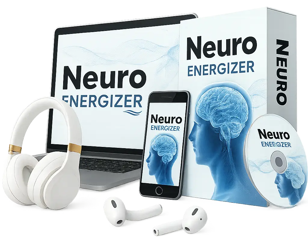 NeuroEnergizer brainwave audio program shown on a laptop and phone with headphones
