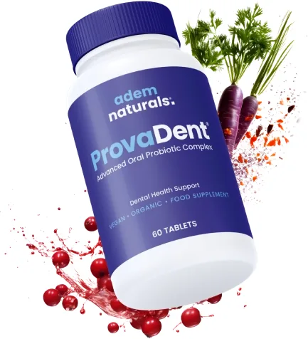 ProvaDent chewable oral probiotic bottle by Adem Naturals with cranberries and purple carrots