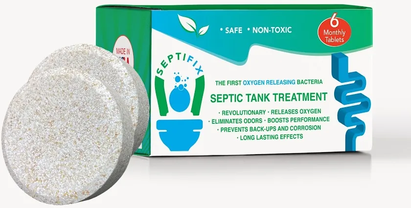 Septifix septic tank treatment tablets beside their six-tablet retail box