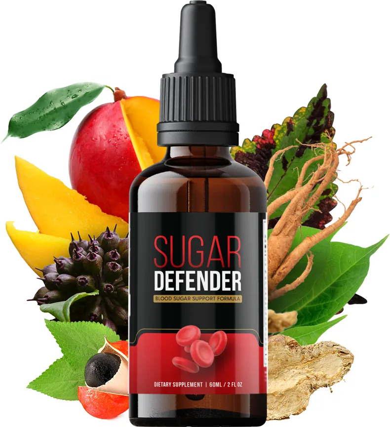 Sugar Defender blood sugar support liquid dropper bottle surrounded by fruit