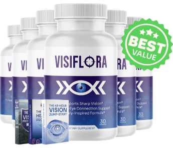 VisiFlora vision support supplement bottles with included bonus guides